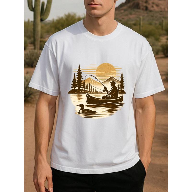 European Size Men's Quick-Dry Ocean Wave & Forest Sunset Print T-Shirt - Short Sleeve Casual Round Neck Tee with Nature Design, Breathable