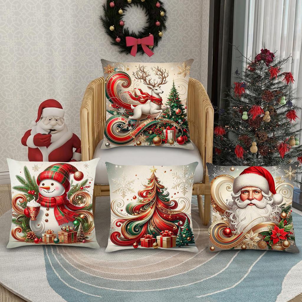 4Pcs Christmas Themed Pillow Case Washable Soft Cushion Sleeve Reindeer Pattern Snowman Printed Cushion Cover for Outdoor Couch