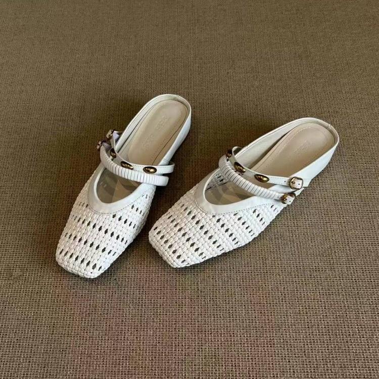 Cowhide version~ New retro French inner height increase woven hollow bag head half slippers Muller cool slippers women