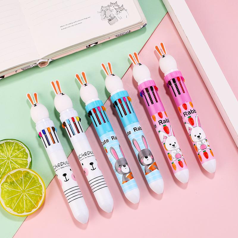 1Pc Kawaii Cute Rabbit Multicolor Pen 0.5mm Colorful Ink Pen Cartoon Creative Gel Cartoon Bunny Pen Ten-Color Brown Colorful 10-Color Back To School S