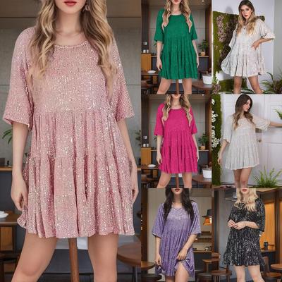 Sequined Round Neck Loose Waist Short Sleeve Dress for Banquets