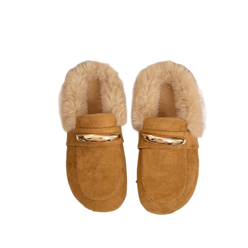 Korean version of retro metal fluffy slippers women's outer wear 2025 autumn and winter new lazy Muller shoes bag head loafers