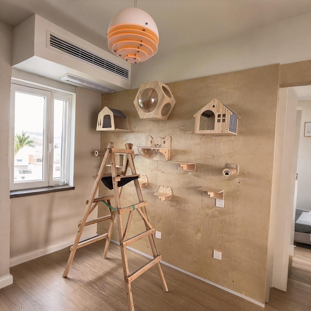 Wall-Mounted Cat Tree Combo Set Crafted from Solid Wood This Wall-mounted Aerial Playground Features a Cat Bed