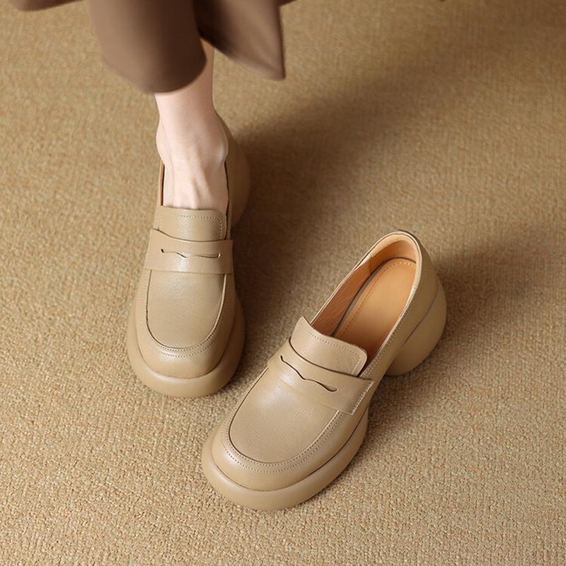Fashion NEW Spring/Autumn Women Loafers Round Toe Chunky Heel Shoes Genuine Leather Shoes for Women Slip-on Platform Shoes Women Pumps