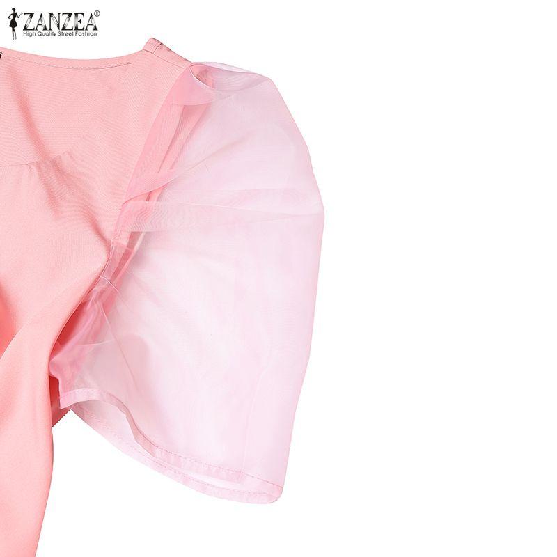 ZANZEA Women Casual Square Collar Splice Short Sleeve Elegant Dress