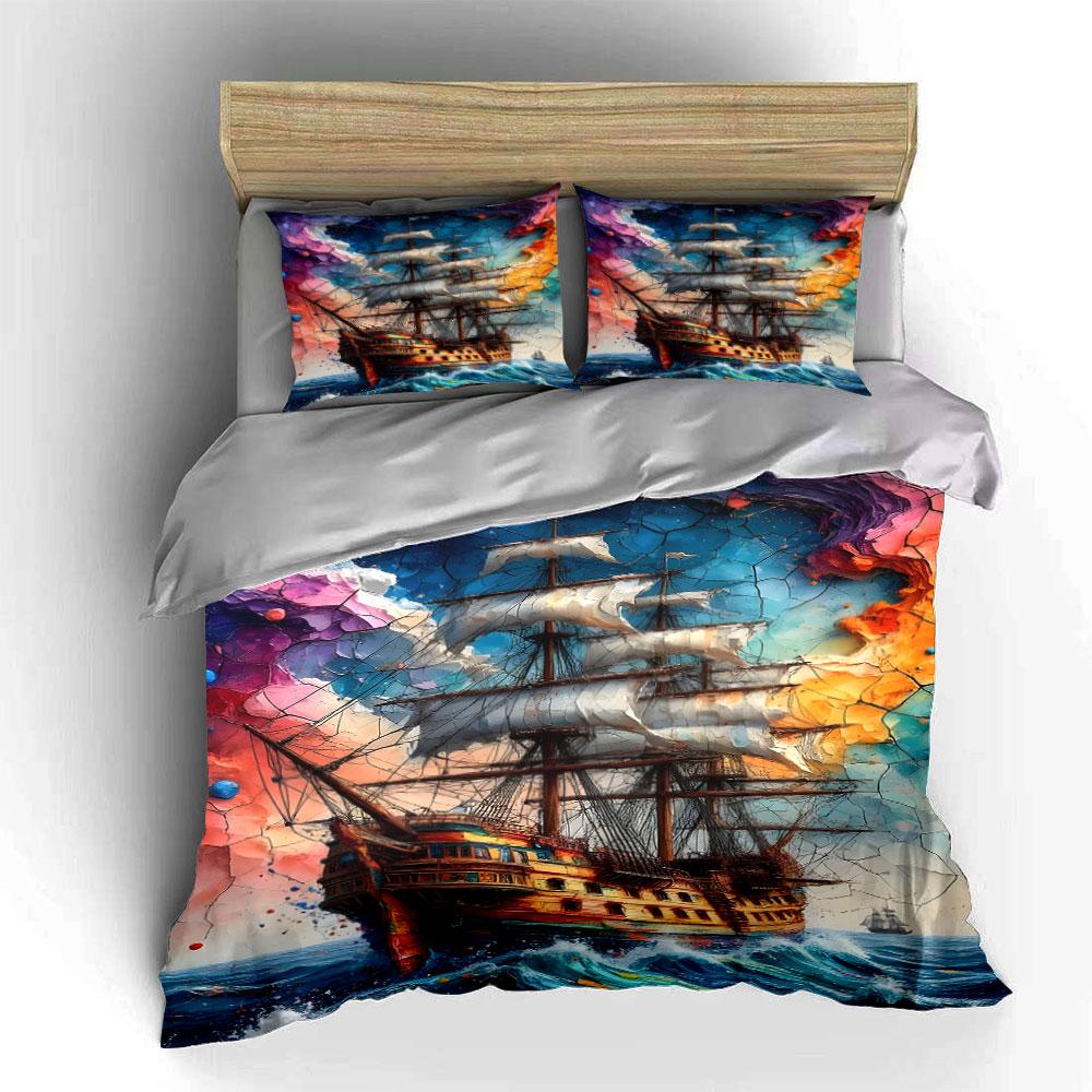 Colorful Ship Wall Art Set Multiple Sizes Kid'S And Adults' Bedroom Exquisite 3Pc Bedding Set, Gift
