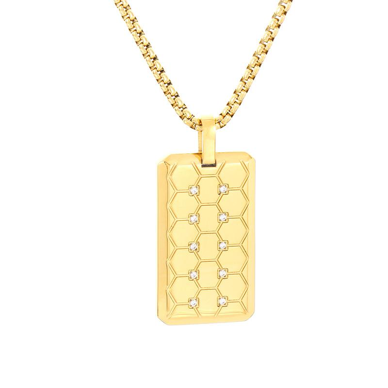 316L Stainless Steel Gold Color Bee Grid Pattern Crystal Rectangle Pendant Necklace For Men Hip Hop Square Dog Tag Jewelry Gift