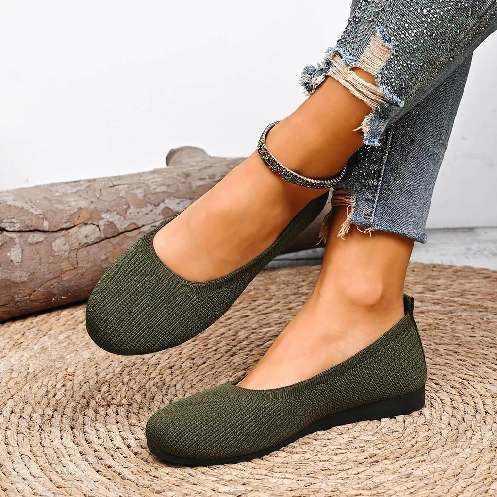 Women Flats Casual Slip On Shallow Shoes Comfortable Knit Ballet Flat Shoes Round Toe Office Boat Shoes Trend Plus Size Loafers