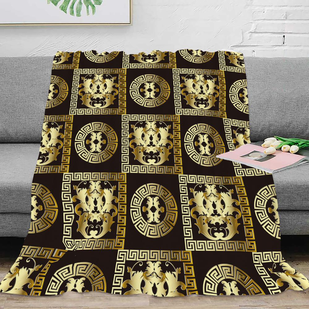 Couverture Plaid en Flanelle Luxe Noir Or Clé Grecque Méandre Baroque Douce Peluche Moelleuse Chaude Décoration Maison Couette Linge de Lit Cadeau