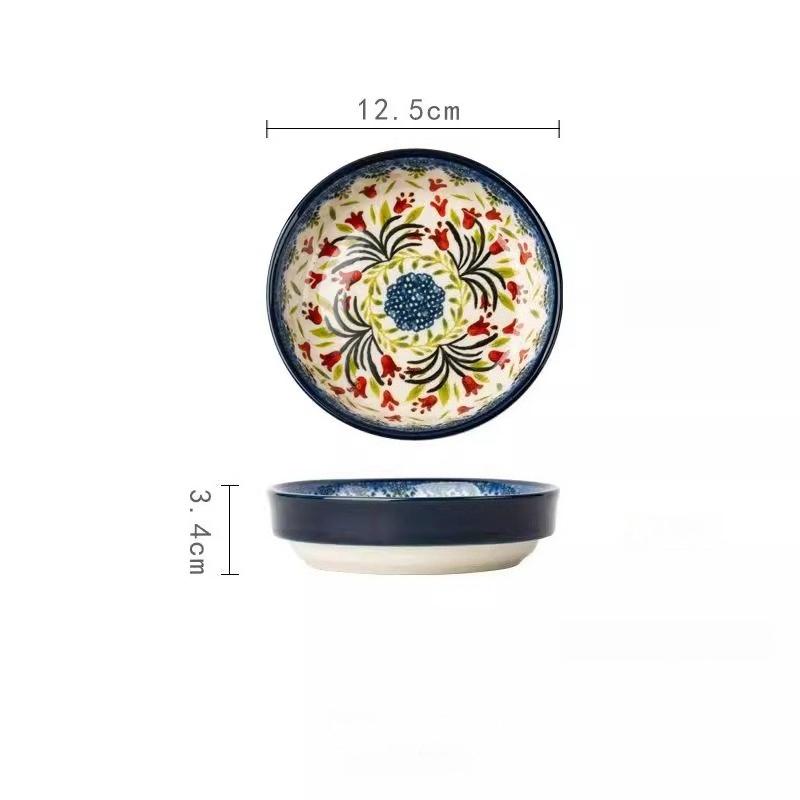 Handpainted Ceramic Soup Bowl with Snack Serving Tray,Vintage Floral Embossed Design Microwave Safe,Large Handle and Thick Base,Perfect for Cereal,Nut