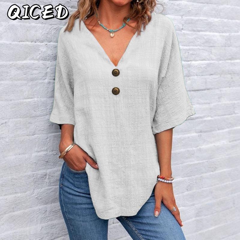 QICED Women's Fashion Casual Solid Color Print Short Sleeve V Neck Blouses & Shirts