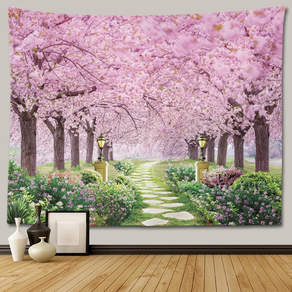 Cherry Blossom Decorative Wall Tapestry Home Decor Bedroom Landscape Large Fabric   Hanging Decoration  Murals