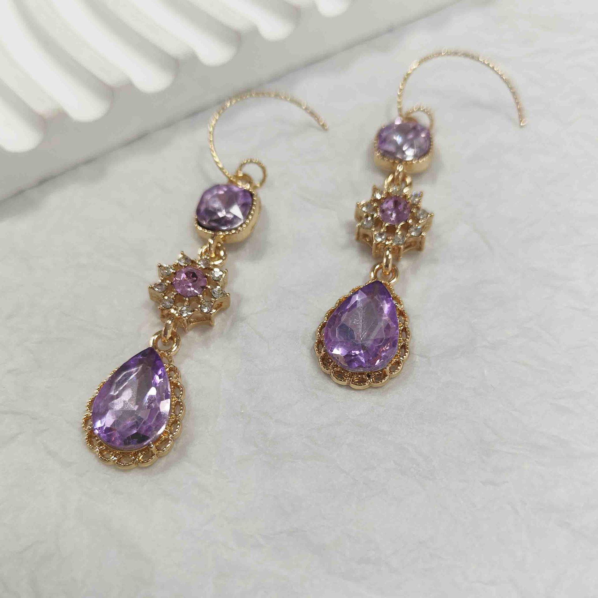 

Елегантні фіолетові сережки-квіти краплеподібної форми з діамантами - Вінтажний французький стиль