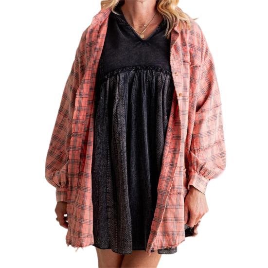 Chemise Femme Revers Manches Longues Poches à Rabat Hauts de Chemise Boutonnage Simple Bord Frangé Effet Vieilli Coupe Oversize Veste Chemise