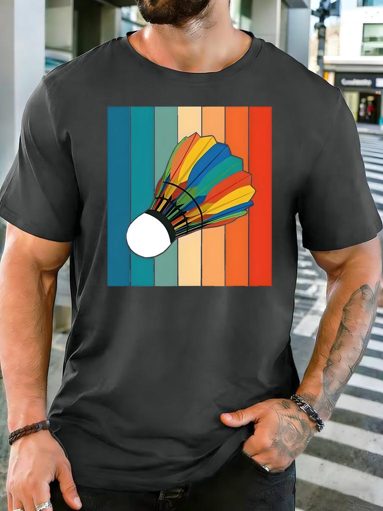 Vintage Rainbow Strip Color Badminton Shuttlecock Graphic Unisexs Cotton Crew Neck Tee Short Sleeve Loose Sports Casual Daily Top