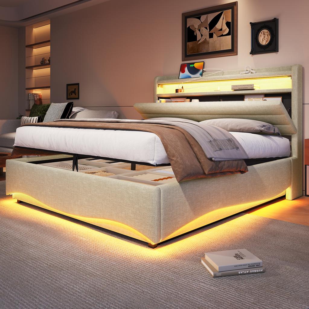 Upholstered Bed, 140 x 200 cm, without Mattress, LED Lighting, Hydraulic Mechanism, USB and Type-C Ports, Storage Compartment, Linen Fabric, Beige