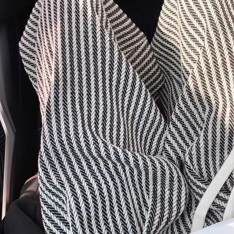 Women's High-Waist Black & White Striped Wool Wide-Leg Pants - Petite 150, Autumn/Winter Collection