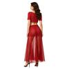 S-XXL Women Oriental Dance Costume Gold Trim V Neck Crop Top Short Sleeve and High Waist Flowy Chiffon Skirt with Side Slit Ruffles
