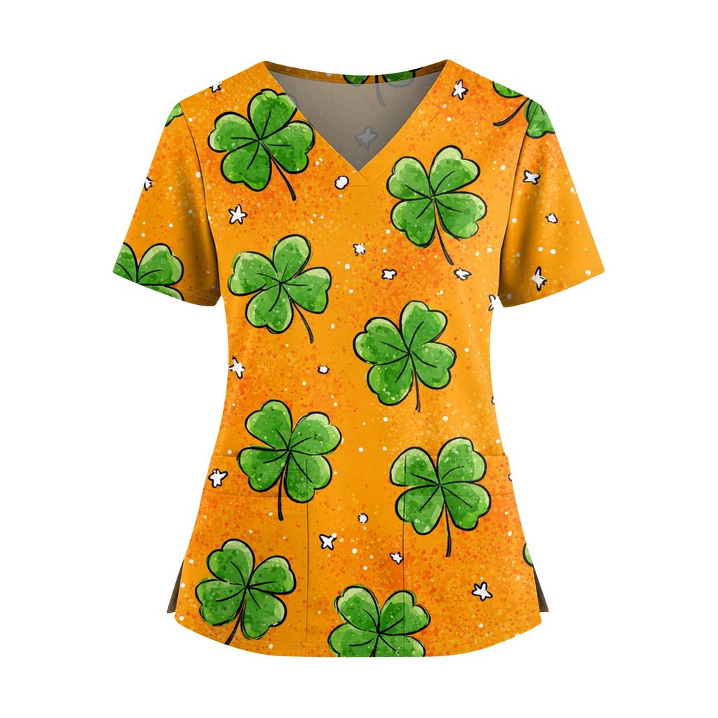 Frauen St. St. Patrick's Day Druck V-Ausschnitt Doppeltasche Kurzarm Uniform Oberteil mit geschlitztem Saum