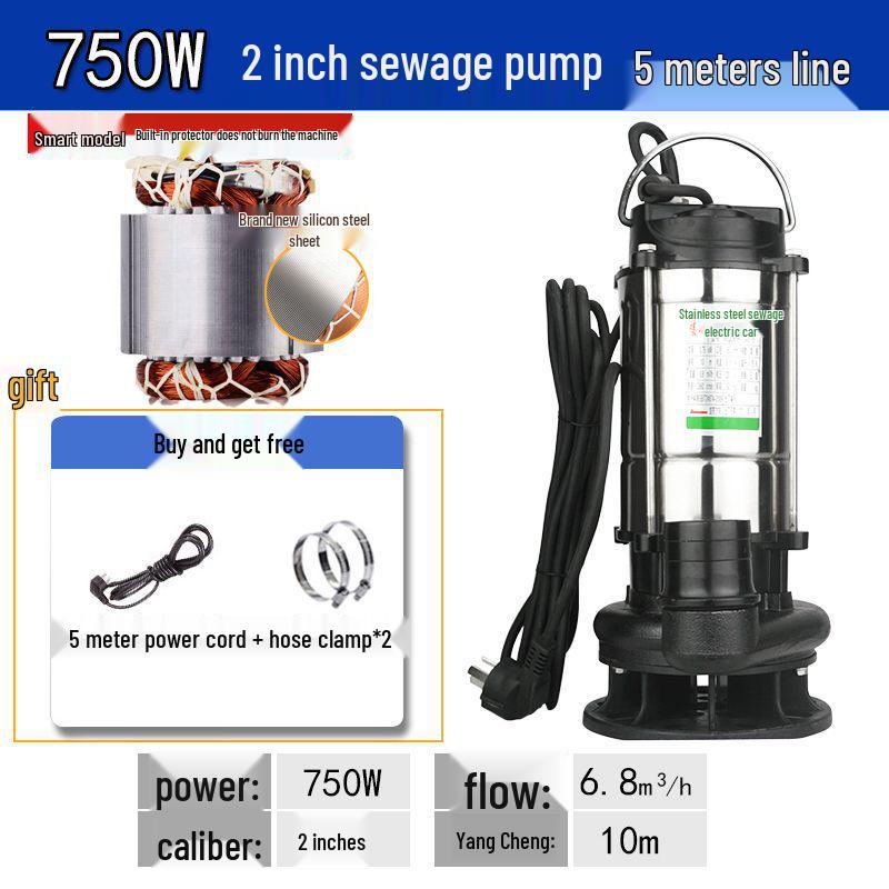 Stainless Steel 220V Small Submersible Water Pump for Household, High Head, Agricultural, and Sewage Use.