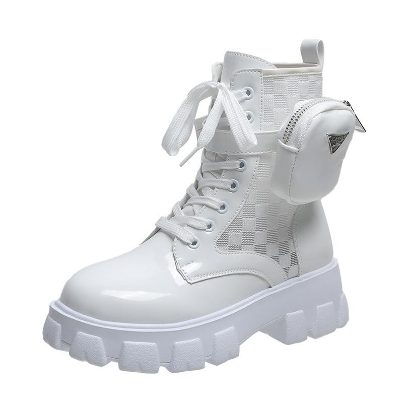 Women Thick-Soled Leather New Boots Casual Women Boots Women Fashion Lace-Up High Boots Nylon Pouch Heels Flats Booties