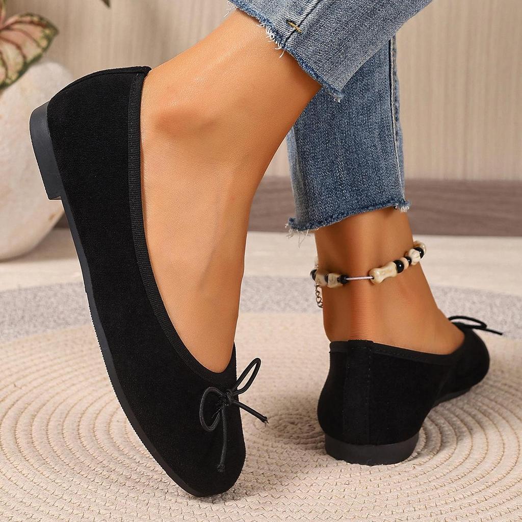 Plus Size Women's Black Suede Ballet Flats with Bow - Soft Sole & Shallow Mouth for Commuting
