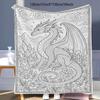 Creative Colorable Black White Line Art Western Dragon Soft Warm Flannel Throw Blanket with Mountain Crystal Floral for Couch Th