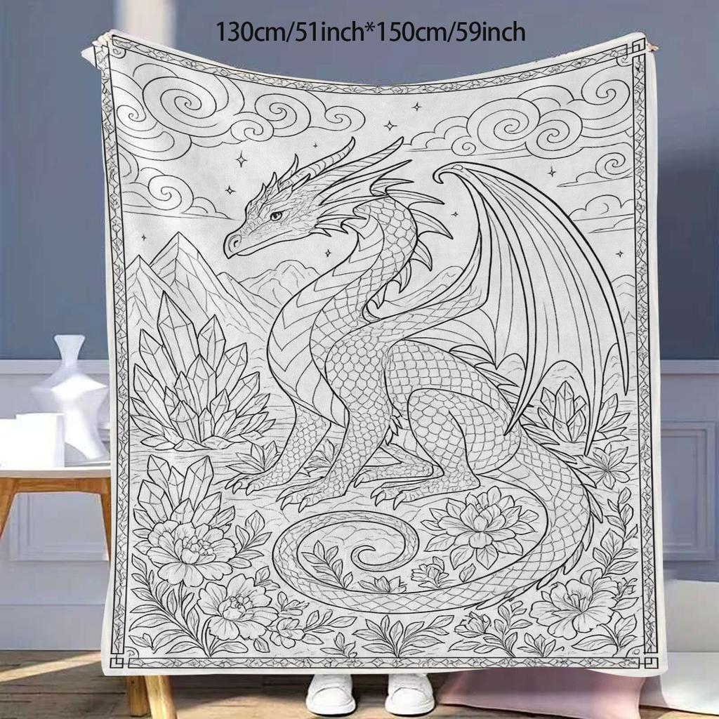 Creative Colorable Black White Line Art Western Dragon Soft Warm Flannel Throw Blanket with Mountain Crystal Floral for Couch Th