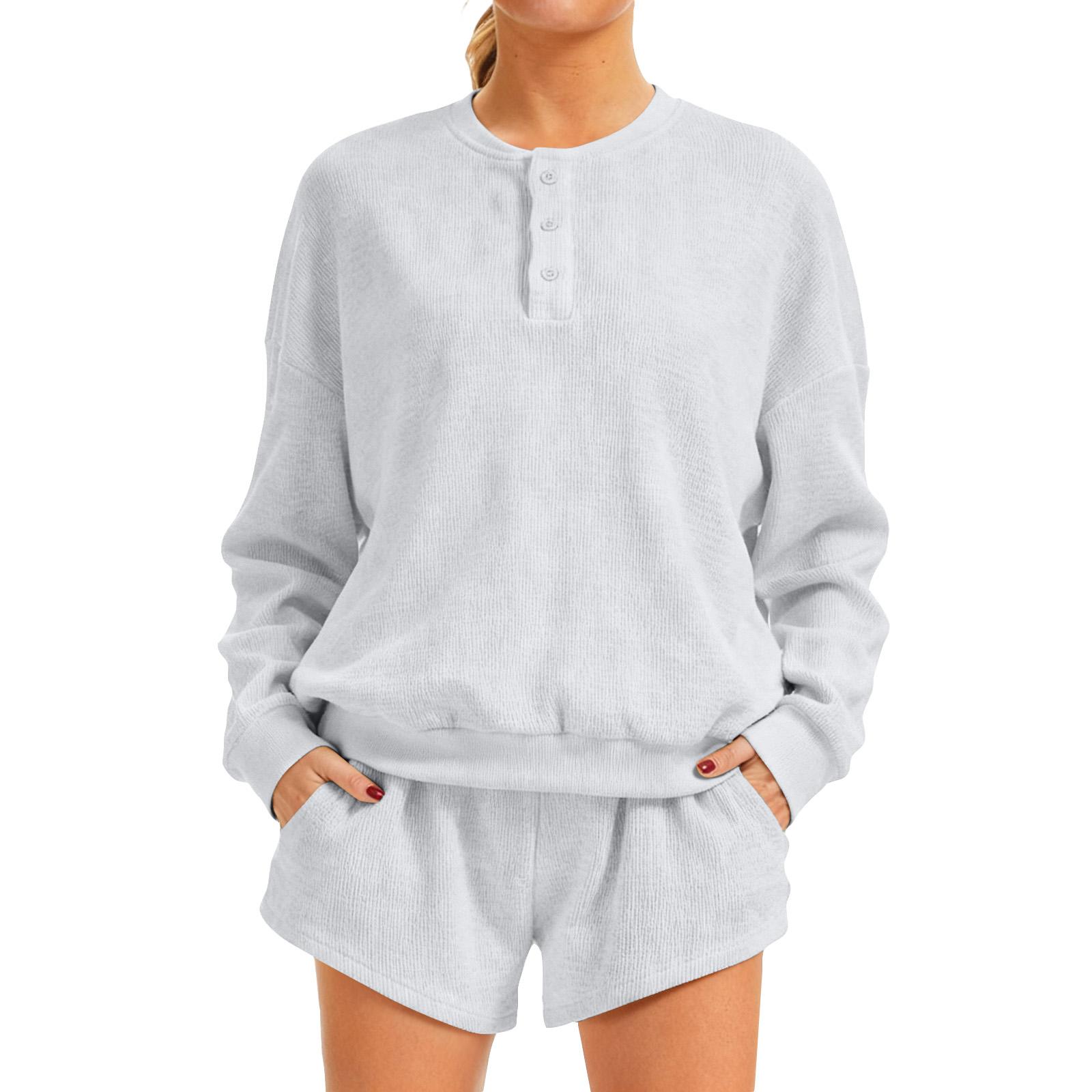 

Women s Oversized Knit Set Long Sleeve Sweatshirt And High Waisted Shorts 2 Piece Casual Outfit XXL белый