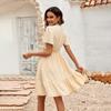 A-Line High Waist Above Knee Solid Color V-Neck Short Sleeve Women Casual Dress Spring Summer Lotus Leaf Design S-XL