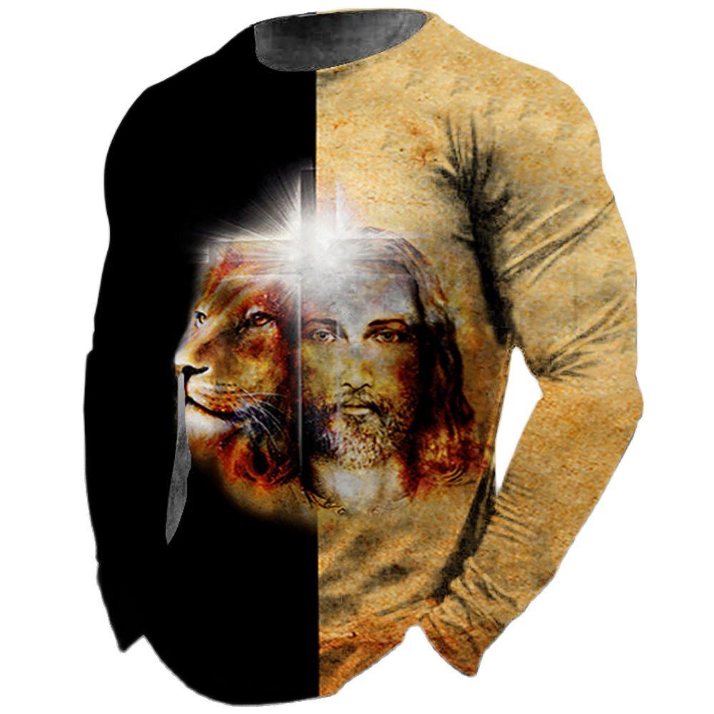 God Christ Jesus And Lion 3D Print Men's T-shirts Autumn O-Neck Long Sleeve Cotton Street Loose Tops Tees Oversized T Shirts 5XL