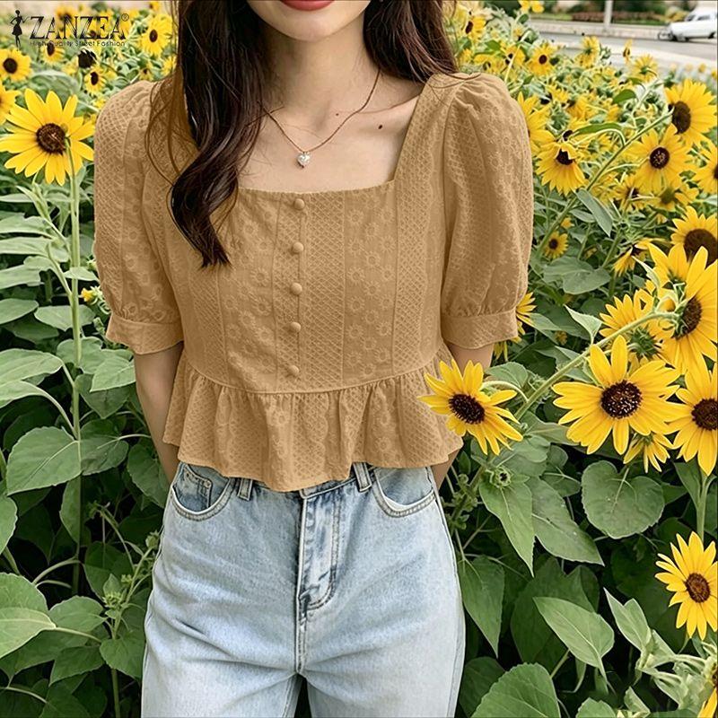 ZANZEA Women Square Collar Summer Embroidery Casual Short Sleeve Blouse