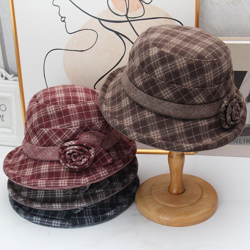 Autumn and winter plaid flower pot hat women's retro woolen top hat middle-aged old mother old woman versatile warm bucket hat