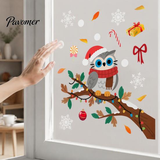 Winter Snowflakes Candy Decor Cute Christmas Owl Window Sticker, Snowy Branch Glass Decal, Waterproof Self Adhesive Seasonal Wall Art Xmas for Holiday