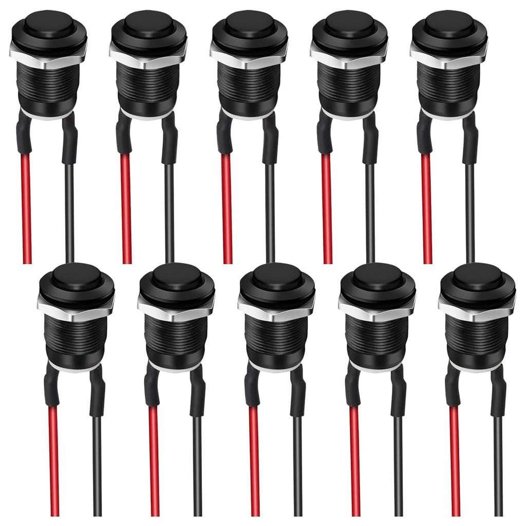 10PCS 12mm Momentary Push Button Switch, Mini Round Pushbutton Switches with Pre-Wired, Without LED, for Car Boat, Black