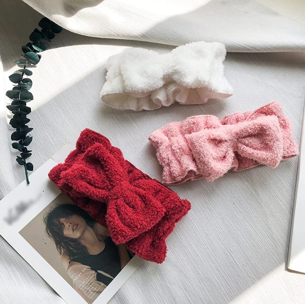Wash Hairband Simple Hair Turban with Ribbon [Facial 3-Color Set] Fluffy, Cute, (Red, White, Pink)