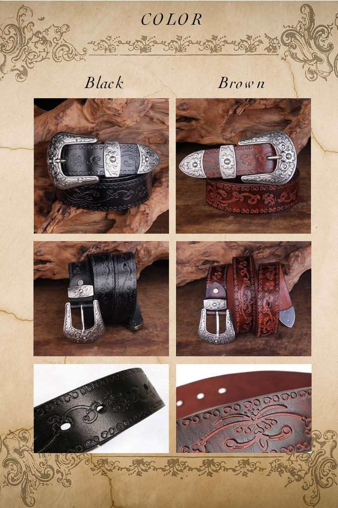 [Laquest] Laquest Leather Belt, Arabesque Pattern Embossed, Cowhide Leather, Men's Leather Belt (Black)