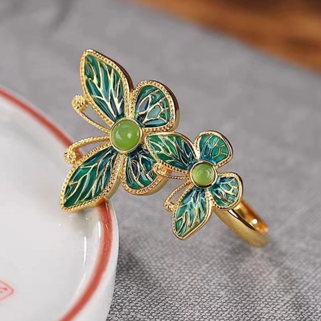 Natural Jasper Double Butterfly Ring for Women s925Gold-plated, Enamel-painted, Niche Design with an Ancient and Ethereal Feel, Adjustable Opening