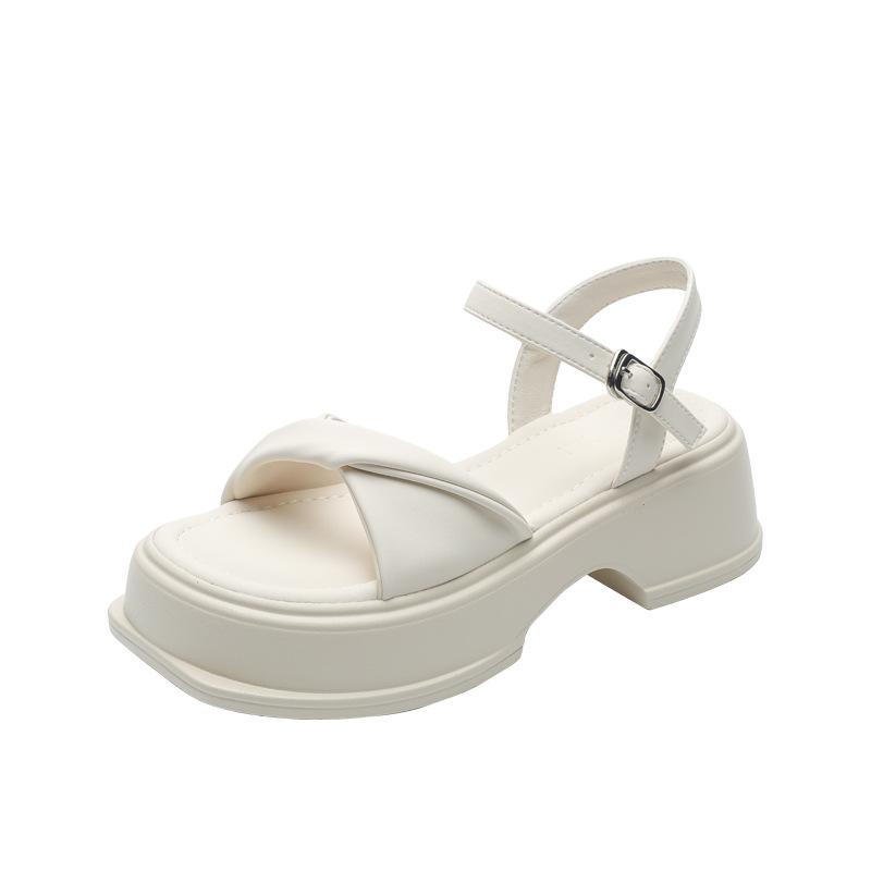 Sandals women's summer thick-soled heightening one-word buckle Roman shoes white with skirt soft-soled outer wear flat-soled beach shoes