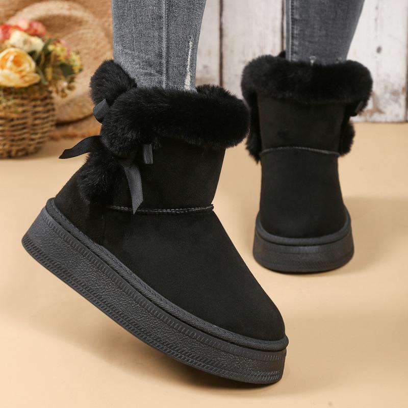 Bow Fluffy Snow Boots Winter New Thick-soled Cotton Boots Piled Thickened Warm Cotton Shoes Large Size