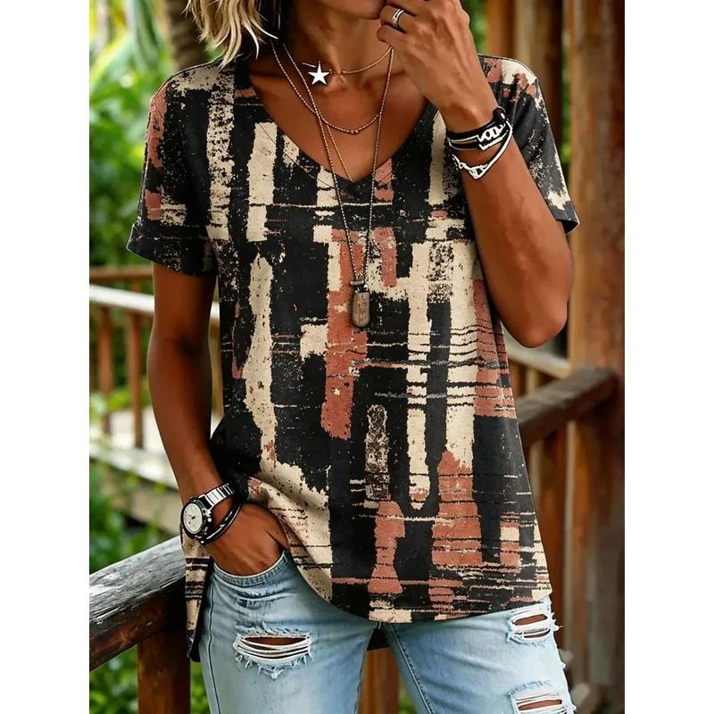 Women's V-neck T-shirt with Abstract Print, Casual Short-sleeve Tops
