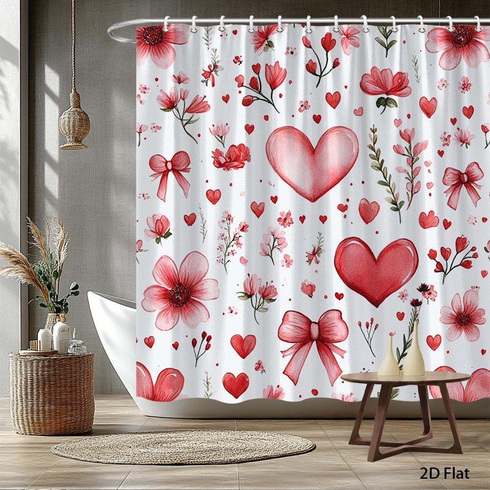 

1pc Heart-shaped bow patterned shower curtain, machine washable fabric, with hooks, suitable for bathroom decoration. 90X180cm