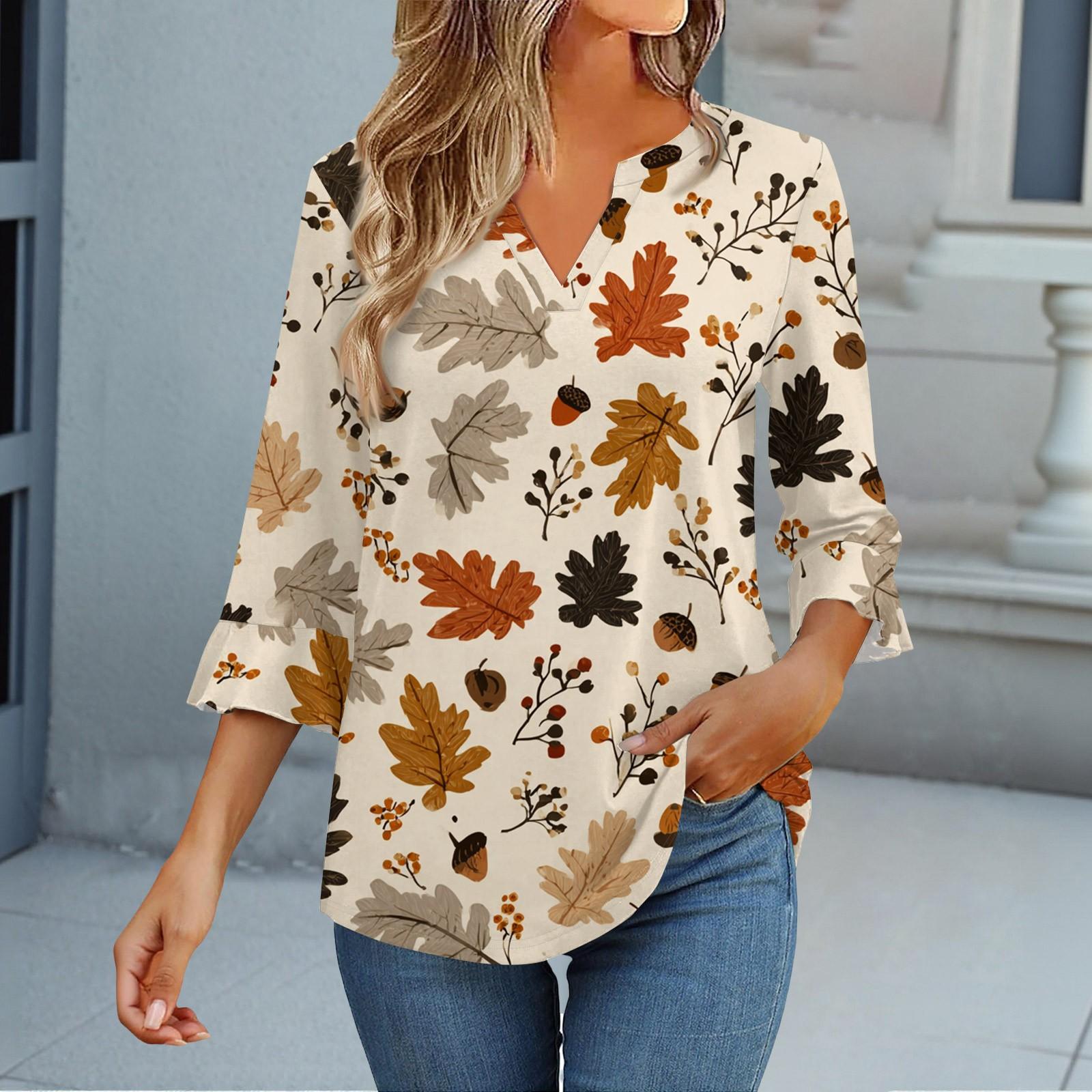 

Топы с рукавом 3/4 для женщин Футболка Повседневная с расклешенными рукавами Принт Туника V-образный вырез Пуловер Блузка XL бежевый