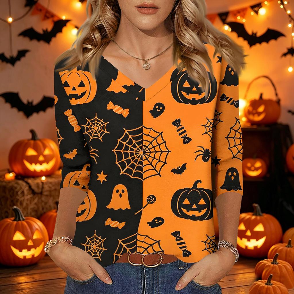 Women's Casual Halloween Print V Neck Three Quarter Sleeve Top Lightweight Comfortable Fit Seasonal Shirt for Everyday Wear