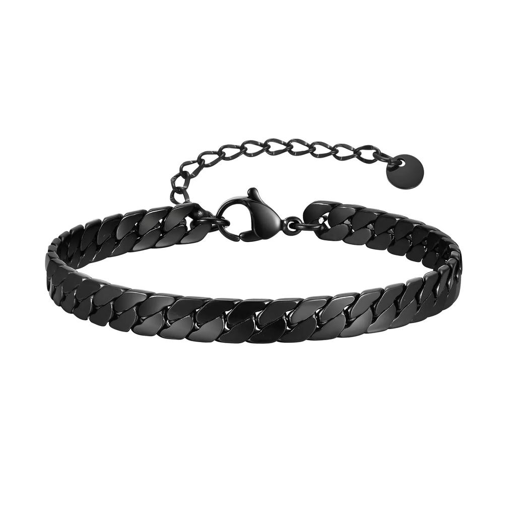 Stainless Steel Gothic Black Cuban Chain Bracelets for Men, Flat Miami Curb Links Wristband, Simple Metal Daily Wearing Jewelry