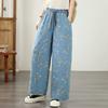 DIMANAF 2026 Summer New Plus Size Women Jeans Print Floral Elastic Waist Long Pants Loose Casual Denim Cotton Trousers Pants