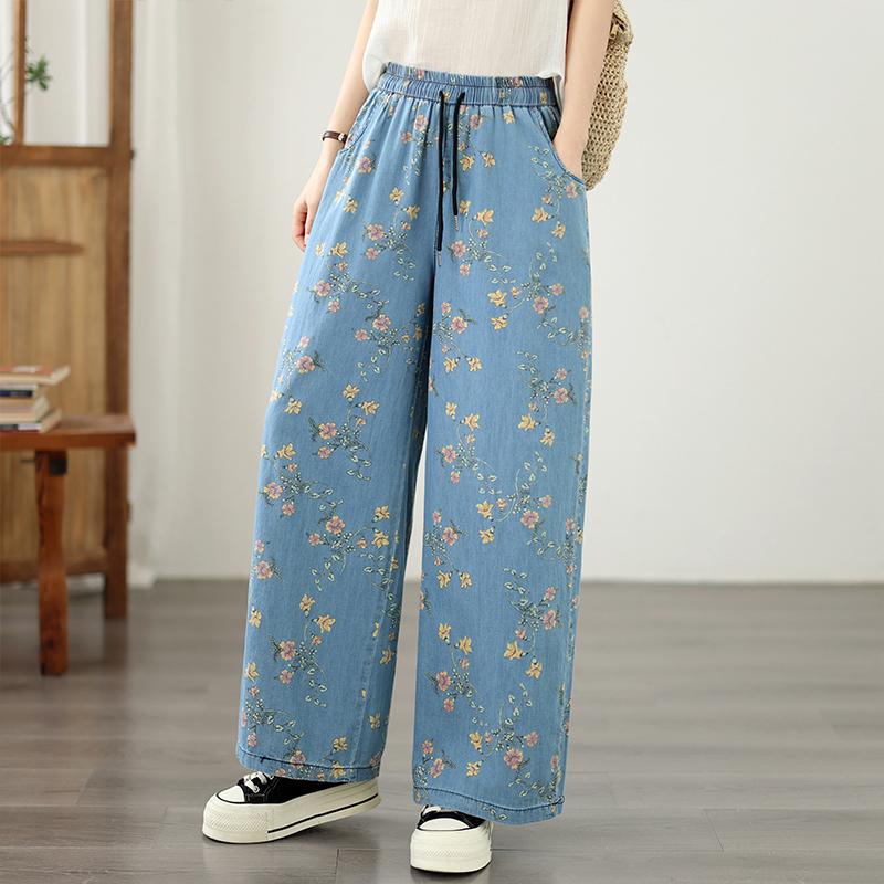 DIMANAF 2026 Summer New Plus Size Women Jeans Print Floral Elastic Waist Long Pants Loose Casual Denim Cotton Trousers Pants