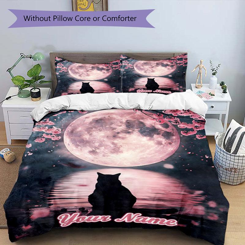 3PC Custom Name Night Moon Cat Reflection Bedding Set Duvet Cover Closure Includes 1 Duvet Cover & 2 Pillowcases for Bedroom