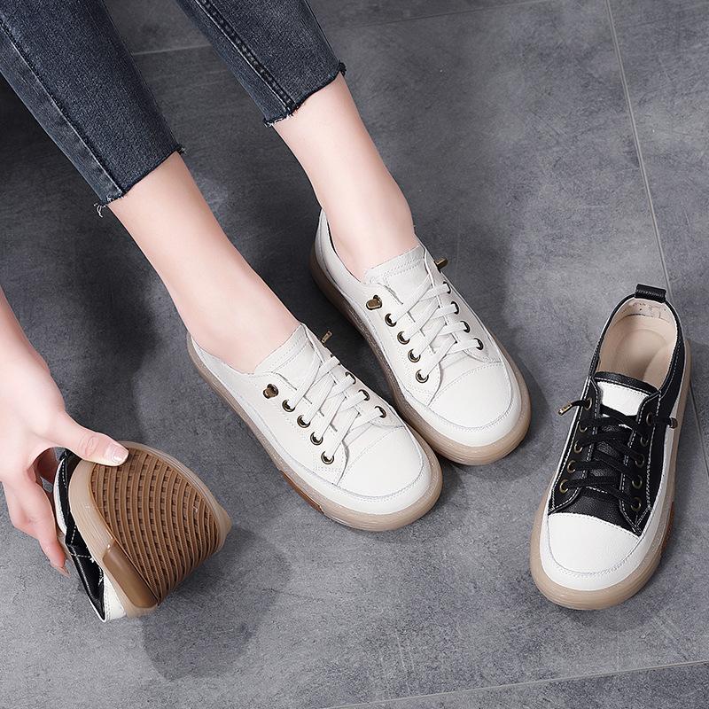 Fashion Genuine Leather Women Soft Sole Walking Shoes Girl Student Jooging Sneaker White Black Flats Female Casual Skate Trainers Summer