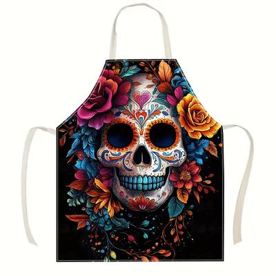 1pc Colorful Sugar Skull Flowers Apron Vintage Day Of The Dead Kitchen Cooking Baking BBQ Chef Gift For Women Men Linen BibApron